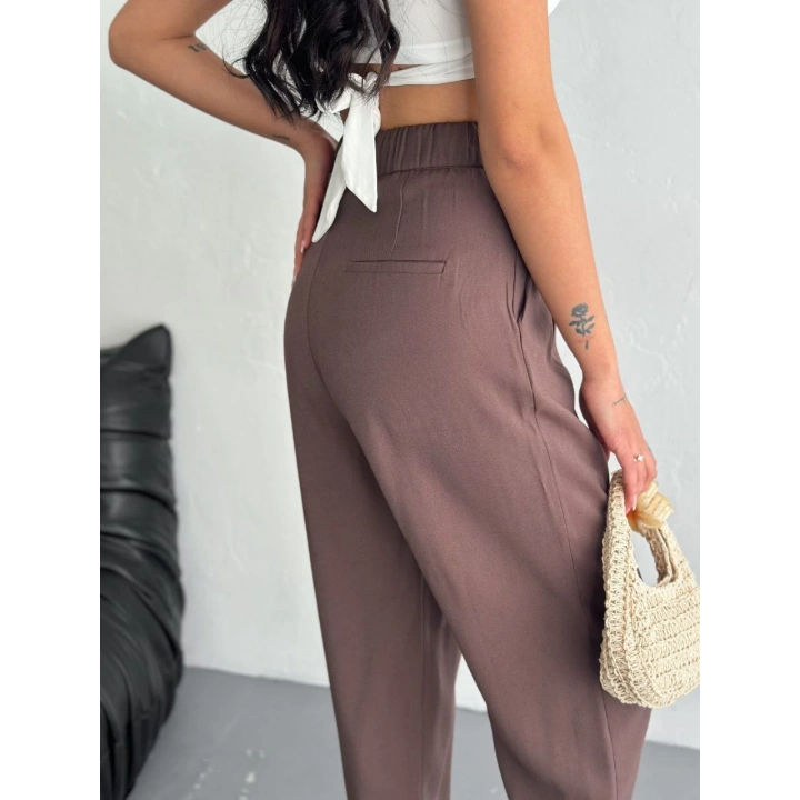 Kadın Yüksel Bel Rahat Boru Paça Pantalon - Kahverengi