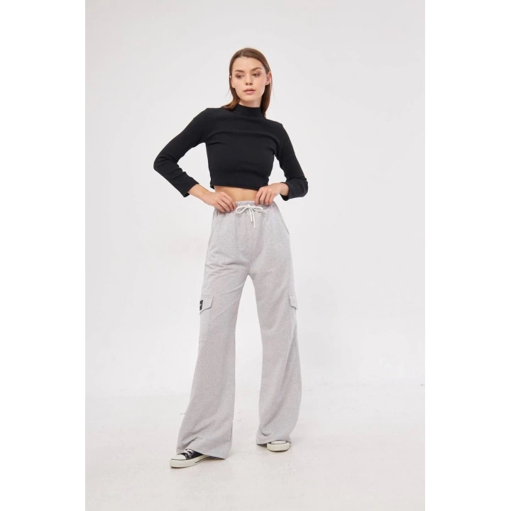 Kargo Cepli Palazzo Oversize Kesim İki iplik Bol Paça Eşofman Altı Pantalon - Gri