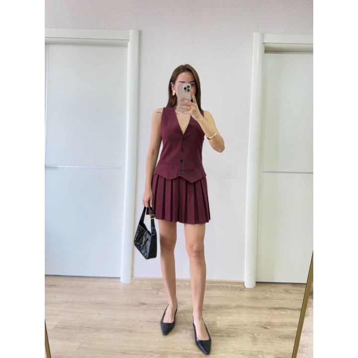 Keten Takım Görünümlü Düğme Detaylı Yelekli Mini Elbise - Bordo