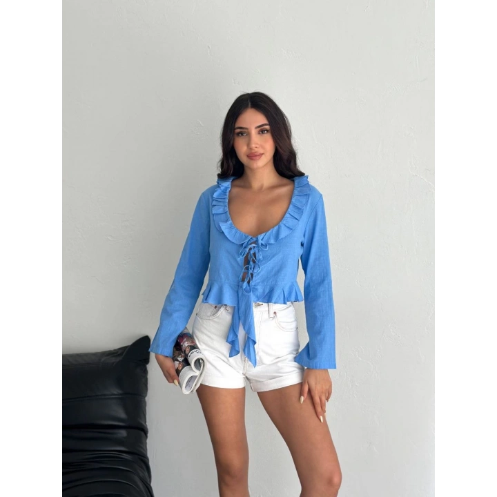 Keten Uzun Kol Bağacık Detaylı Bluz - Mavi