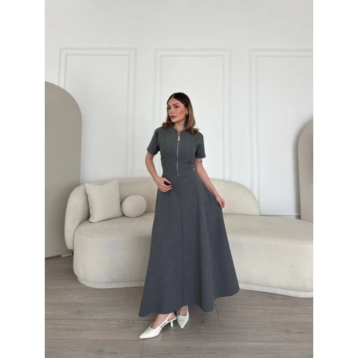 Kısa Kollu Önden Fermuarlı Çan Etekli Uzun Elbise - Antrasit