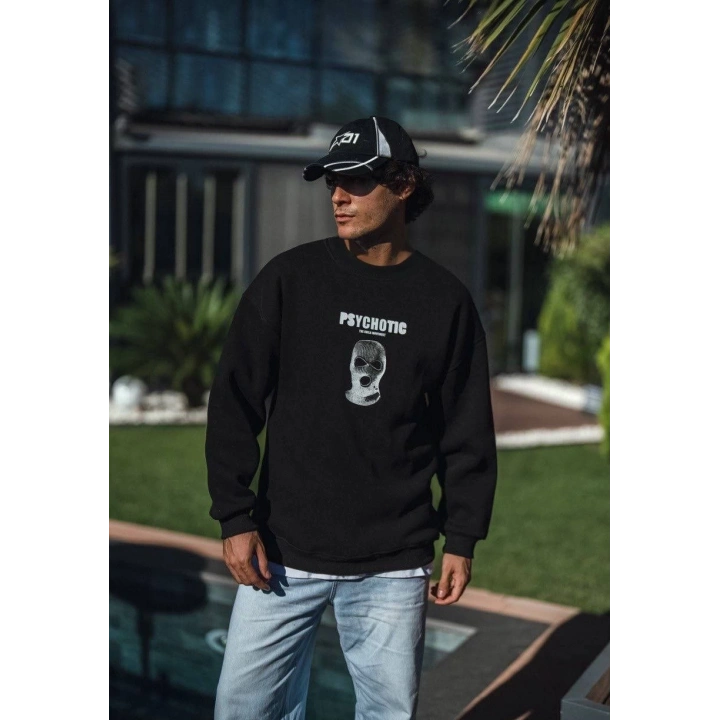 Kışlık Bisiklet Yaka Baskılı SweatShirt - Siyah