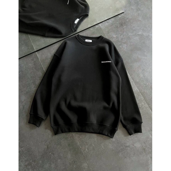 Kışlık Bisiklet Yaka Oversize Baskılı SweatShirt - Siyah