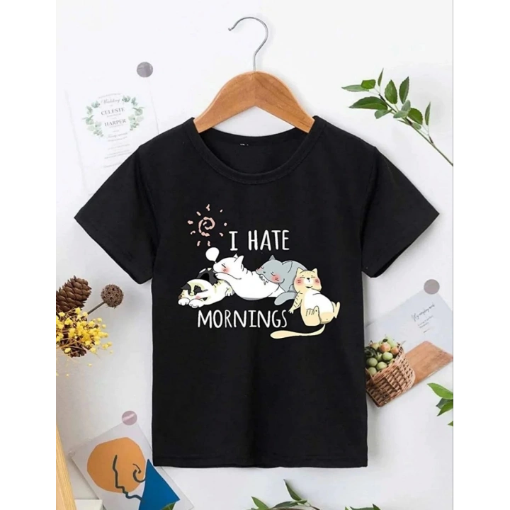 Kız Çocuk Bisiklet Yaka Baskılı T-Shirt - Siyah
