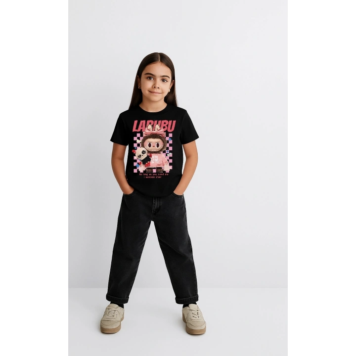 Kız Labubu Çocuk Baskılı T-Shirt - Siyah