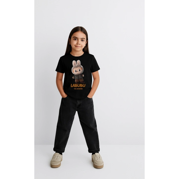 Kız Labubu Çocuk Baskılı T-Shirt - Siyah