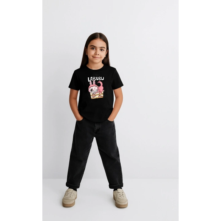 Kız Labubu Çocuk Baskılı T-Shirt - Siyah