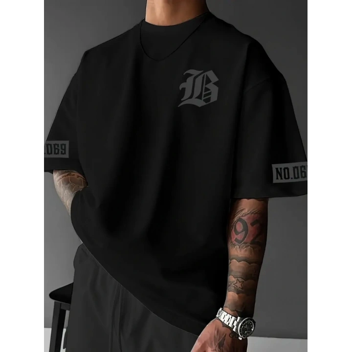 LB Ön Arka Baskılı Oversize Bisiklet Yaka Yazlık T-shirt - Siyah