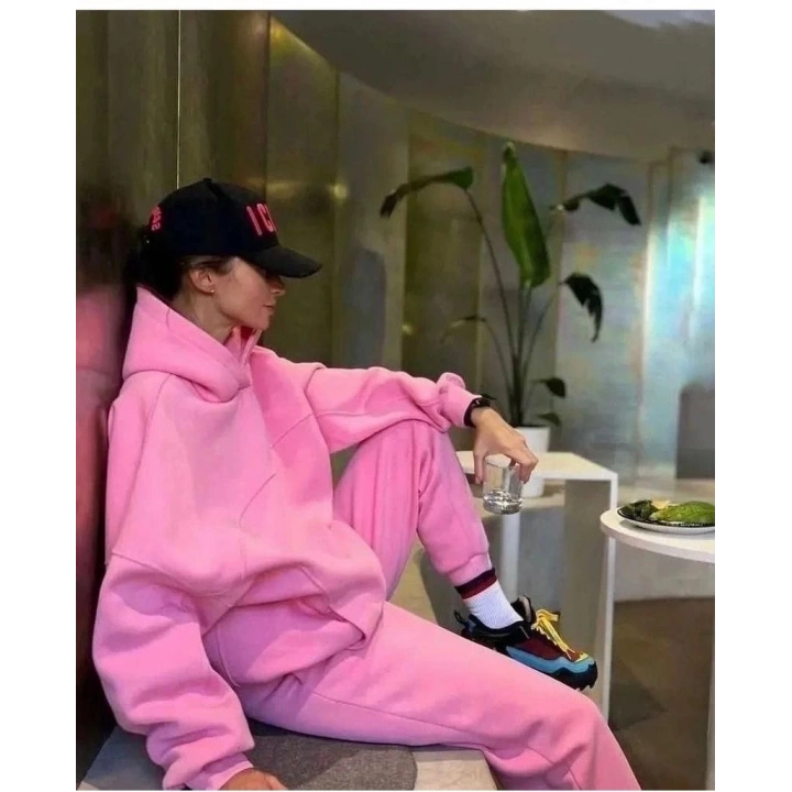 Nakış İşlemeli Üç İplik Sweat Takım- Pembe