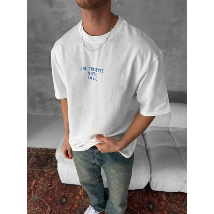 Ön ve Arka Baskılı Oversize Bisiklet Yaka T-shirt- Beyaz