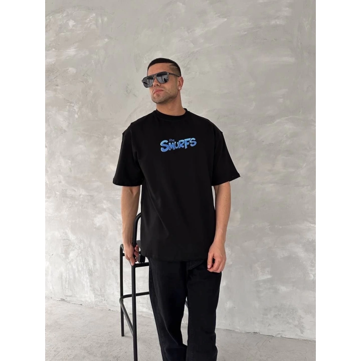 Ön ve Arka Baskılı Oversize Bisiklet Yaka T-shirt- Siyah