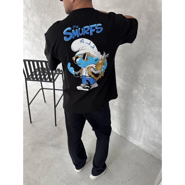 Ön ve Arka Baskılı Oversize Bisiklet Yaka T-shirt- Siyah