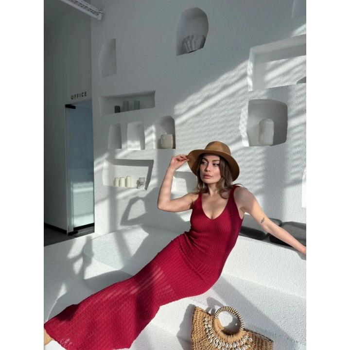 Örgülü Uzun Triko Elbise - Bordo