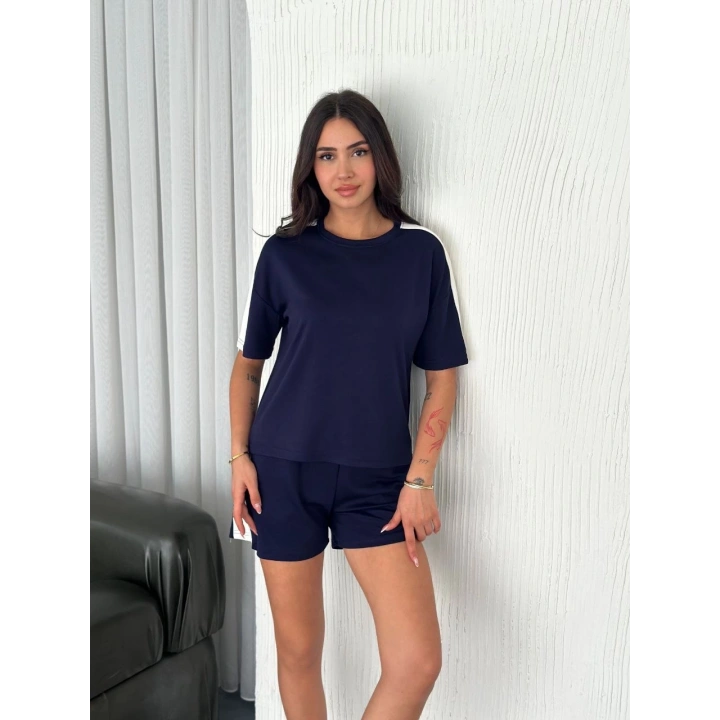 Osy Modal yumuşak dokulu Kumaş Kadın Parçalı Bisiklet Yaka T-shirt Kısa Şort İkili Takım - Mavi