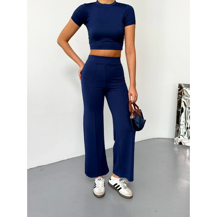 Osy Modal Yumuşak Dokulu Kumaş Kısa Kollu Crop Alt ispanyol Paça Pantalon ikili Takım - Lacivert