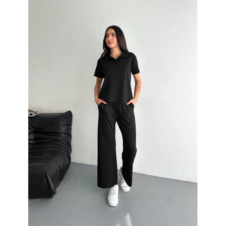 Osy Modal Yumuşak Dokulu Kumaş Kısa Kollu Yakalı T-shirt Pantalon ikili Takım- Siyah