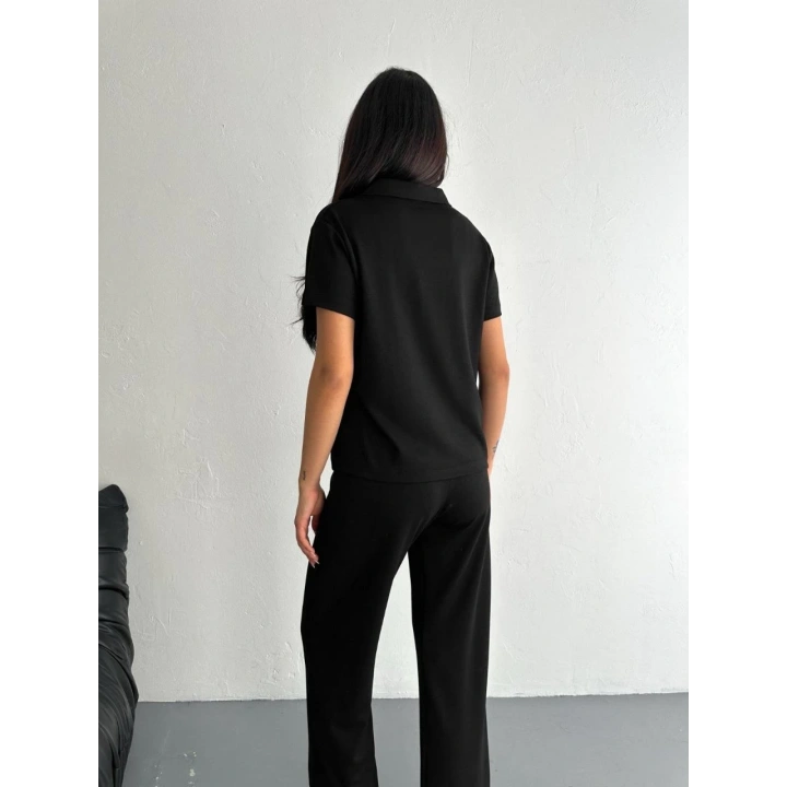 Osy Modal Yumuşak Dokulu Kumaş Kısa Kollu Yakalı T-shirt Pantalon ikili Takım- Siyah