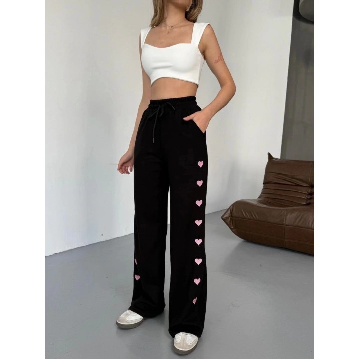 Osy Modal Yumuşak Dokulu Kumaş Nakış işlemeli Rahat Bol Paça Eşofman Pantalon - Siyah