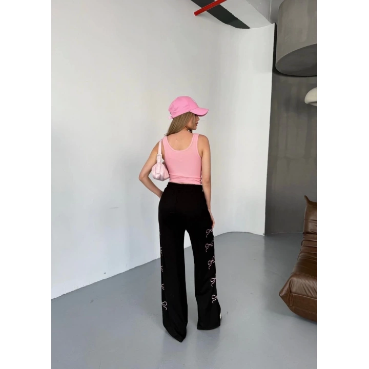 Osy Modal Yumuşak Dokulu Kumaş Nakış işlemeli Rahat Bol Paça Eşofman Pantalon - Siyah