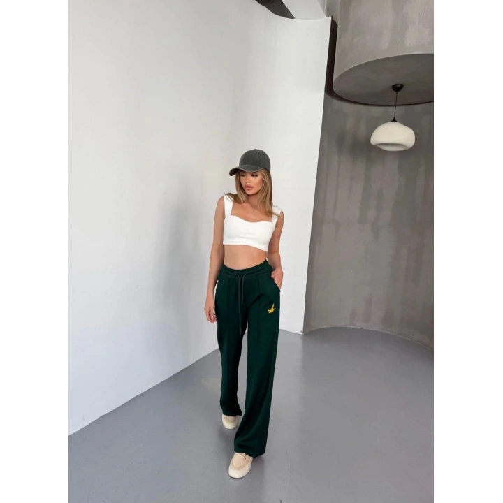 Osy Modal Yumuşak Dokulu Kumaş Nakış işlemeli Rahat Bol Paça Eşofman Pantalon - Yeşil