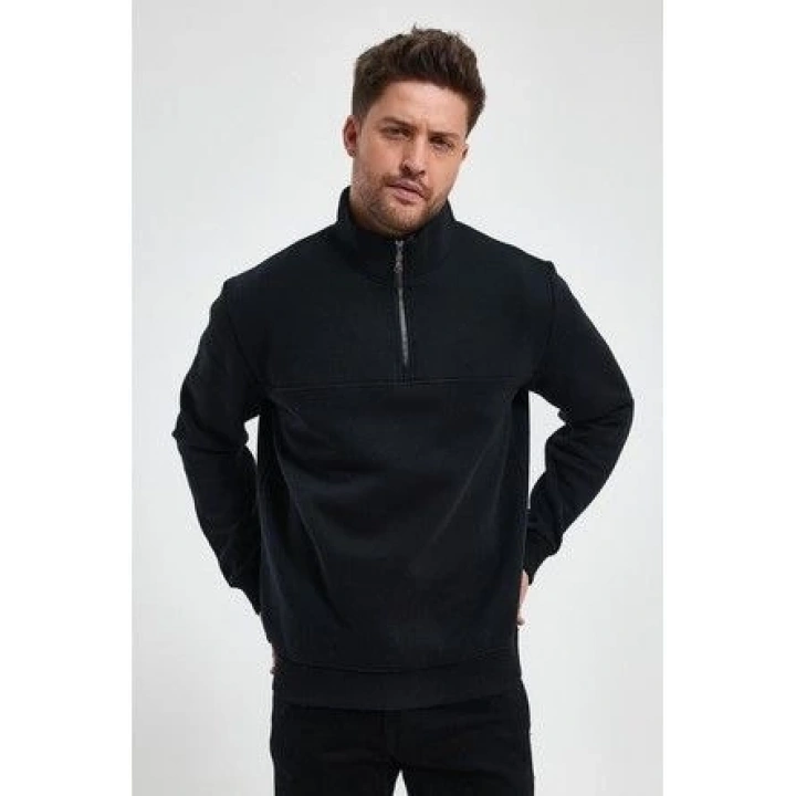 Oversize Yarım Farmuarlı Yakalı Basic SweatShirt - Siyah