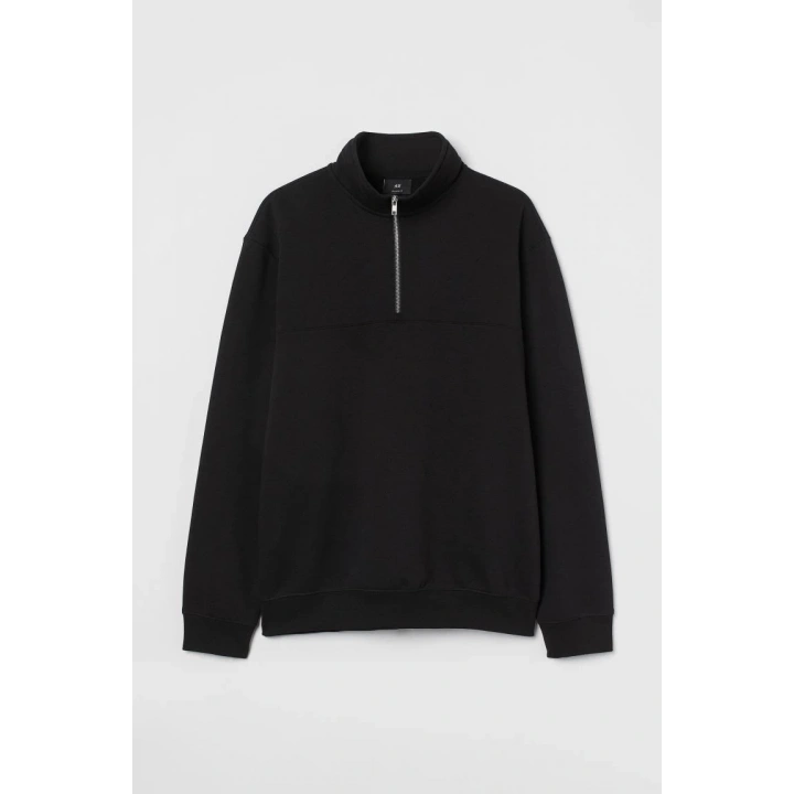 Oversize Yarım Farmuarlı Yakalı Basic SweatShirt - Siyah