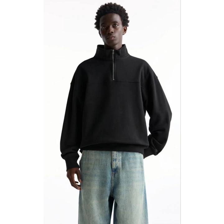 Oversize Yarım Farmuarlı Yakalı Basic SweatShirt - Siyah