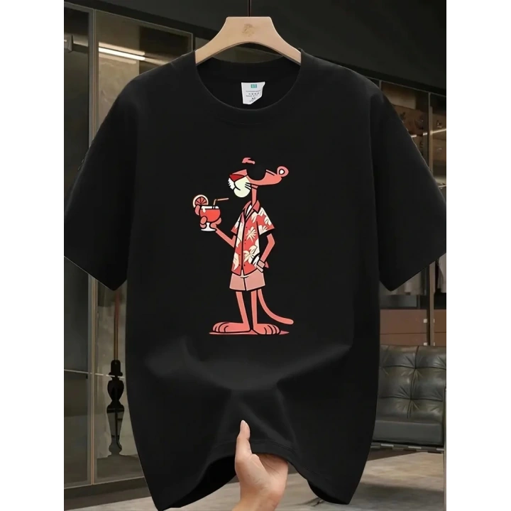 Pembe Panter Baskılı Erkek Oversize Günlük Kısa Kollu Tişört İlkbahar ve Yaz için Mükemmeldir - Siyah