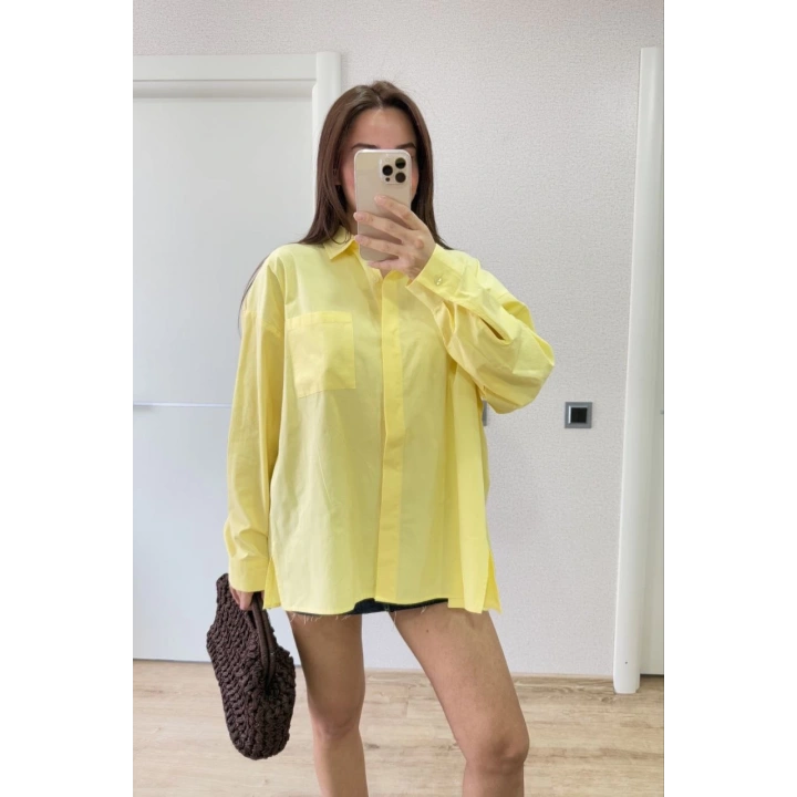 Poplin Kadın Yakalı Yandan Yırtmaçlı Arka Pens Detaylı Gömlek - Sarı