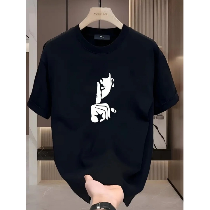 Rahat Bisiklet Yaka Tişört, Yaratıcı Karikatür Baskı - Yumuşak Polyester, Her Mevsim Giyilebilir- Siyah