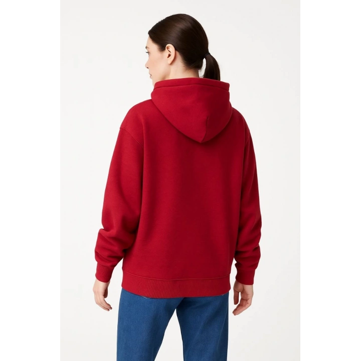 Samuray Ninja Çift Kapüşonlu Kadın Hoodie Oversize Kanguru Cepli, Bahar & Kışlık Fermuarlı Sweatshirt- Kırmızı