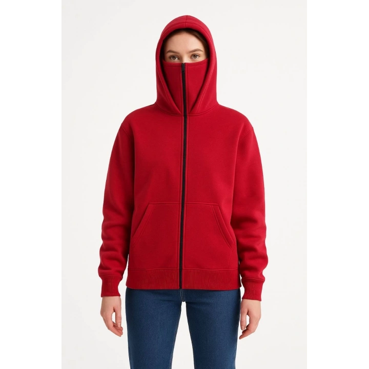 Samuray Ninja Çift Kapüşonlu Kadın Hoodie Oversize Kanguru Cepli, Bahar & Kışlık Fermuarlı Sweatshirt- Kırmızı