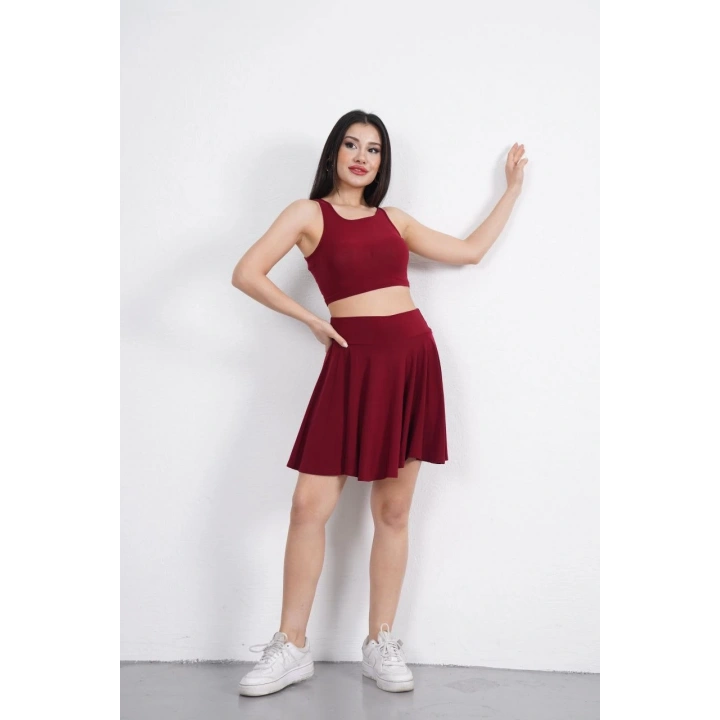 Sendy Kumaş Bisiklet Yaka Crop Şortlu Etek ikili Takım - Bordo