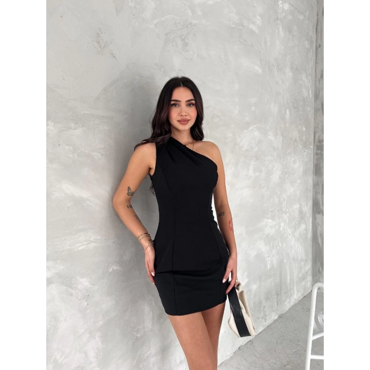 Tek Omuzlu Kolsuz Mini Boy Elbise - Siyah