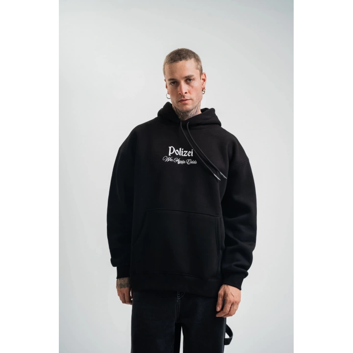 Üç İplik Kapşonlu Dijital Patchli SweatShirt - Siyah