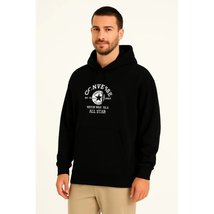 Üç İplik Kapşonlu ön ve Arka Baskılı SweatShirt hoodie- Siyah