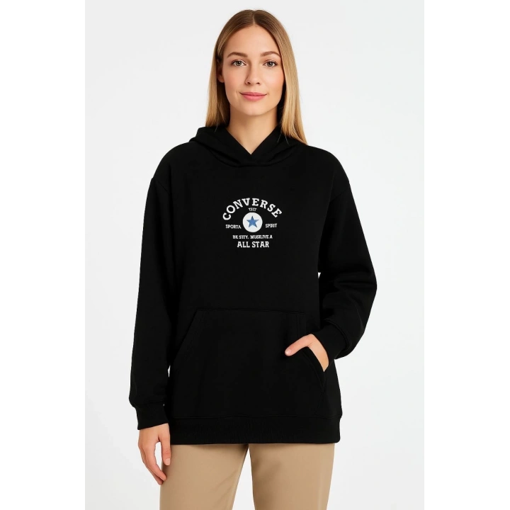 Üç İplik Kapşonlu ön ve Arka Baskılı SweatShirt hoodie- Siyah