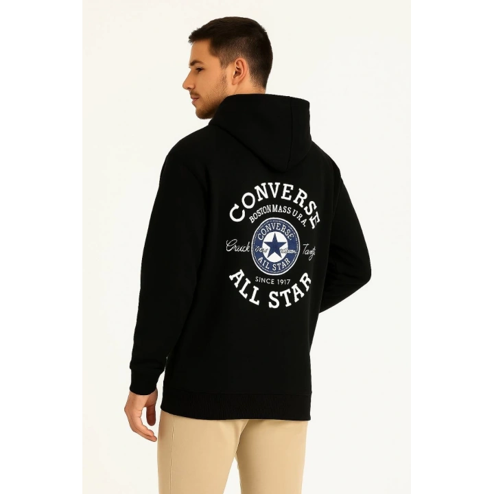 Üç İplik Kapşonlu ön ve Arka Baskılı SweatShirt hoodie- Siyah