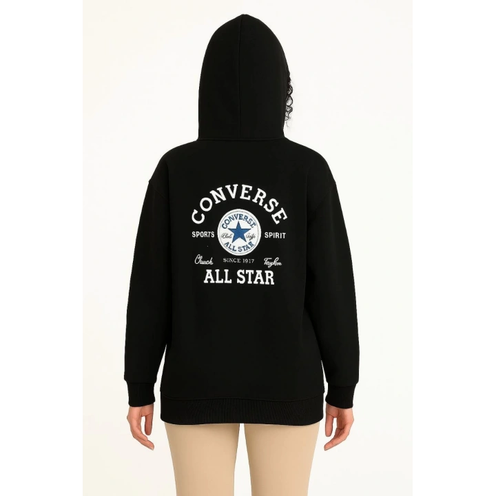 Üç İplik Kapşonlu ön ve Arka Baskılı SweatShirt hoodie- Siyah