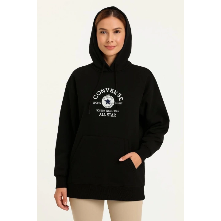 Üç İplik Kapşonlu ön ve Arka Baskılı SweatShirt hoodie- Siyah