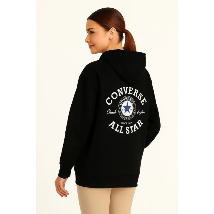 Üç İplik Kapşonlu ön ve Arka Baskılı SweatShirt hoodie- Siyah