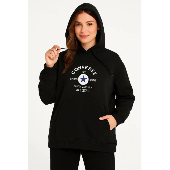 Üç İplik Kapşonlu ön ve Arka Baskılı SweatShirt hoodie- Siyah