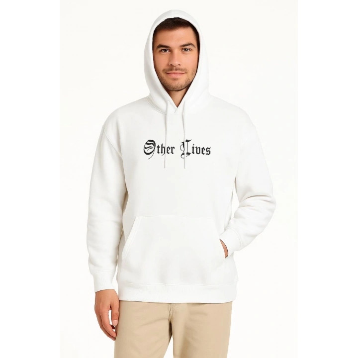 Üç İplik Kapüşonlu Ön ve Arka Baskılı SweatShirt hoodie - Beyaz