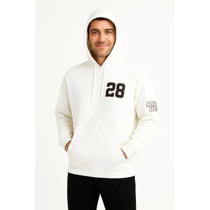 Üç İplik Kapüşonlu Ön ve Arka Baskılı SweatShirt hoodie - Beyaz
