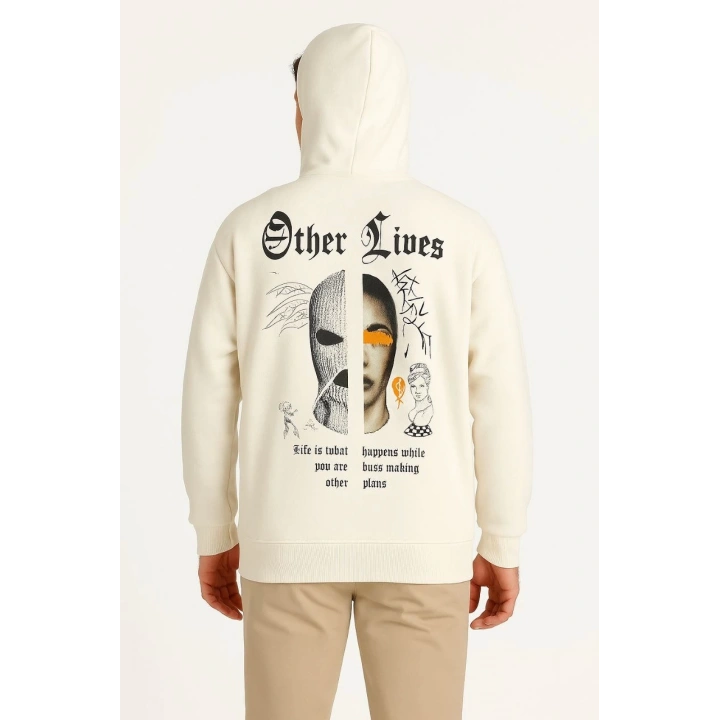 Üç İplik Kapüşonlu Ön ve Arka Baskılı SweatShirt hoodie - Beyaz