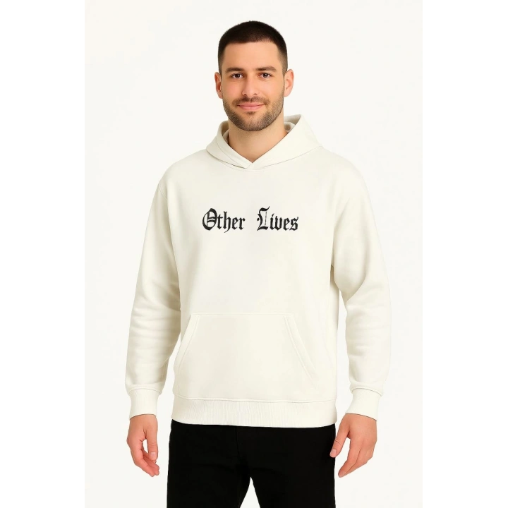Üç İplik Kapüşonlu Ön ve Arka Baskılı SweatShirt hoodie - Beyaz