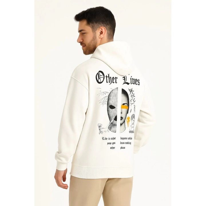 Üç İplik Kapüşonlu Ön ve Arka Baskılı SweatShirt hoodie - Beyaz