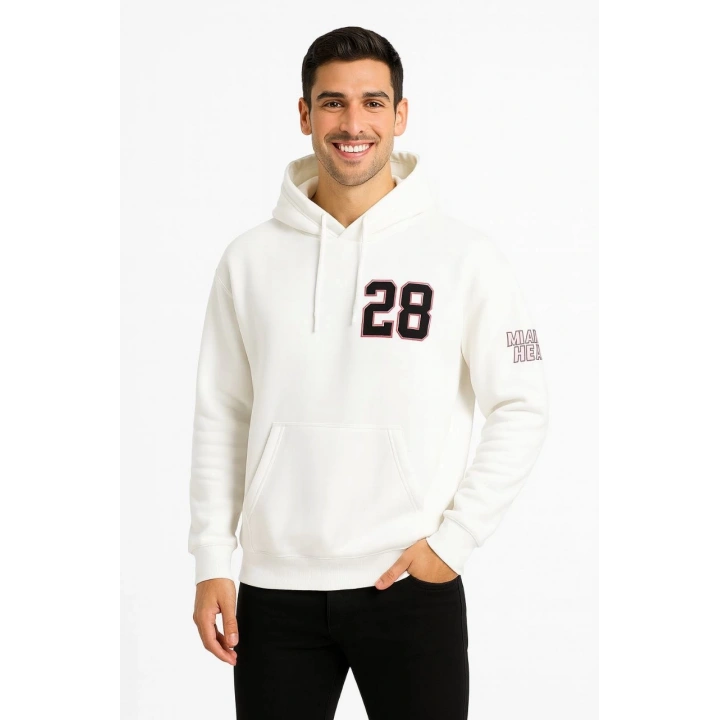 Üç İplik Kapüşonlu Ön ve Arka Baskılı SweatShirt hoodie - Beyaz