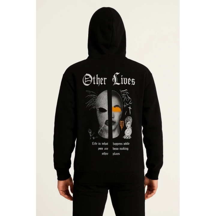 Üç İplik Kapüşonlu Ön ve Arka Baskılı SweatShirt hoodie - Siyah