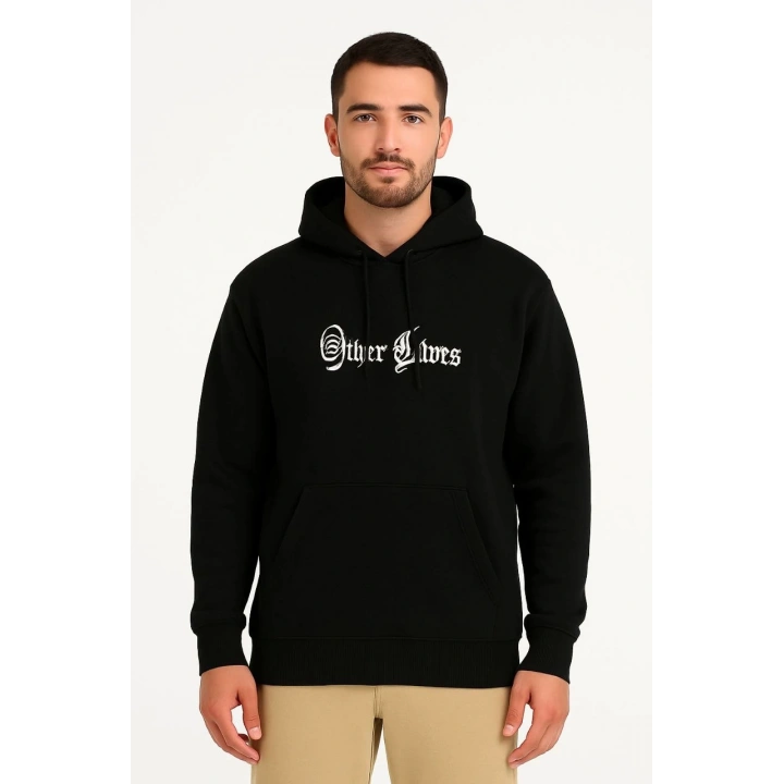 Üç İplik Kapüşonlu Ön ve Arka Baskılı SweatShirt hoodie - Siyah